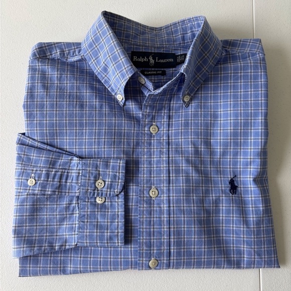 Ralph Lauren Classic Fit 100% Cotton Size 15.5 32/33 Blue Plaid Long Sleeve - Picture 1 of 9